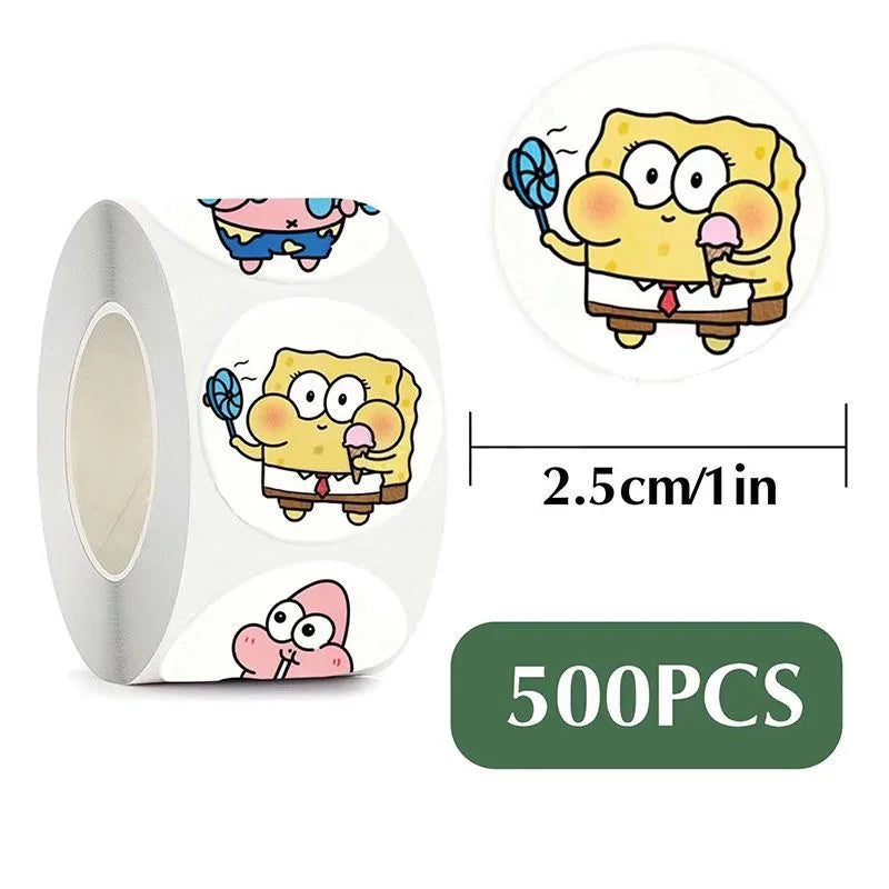 500PCS/Roll Kawaii SpongeBob Cartoon Anime Stickers - Image 4