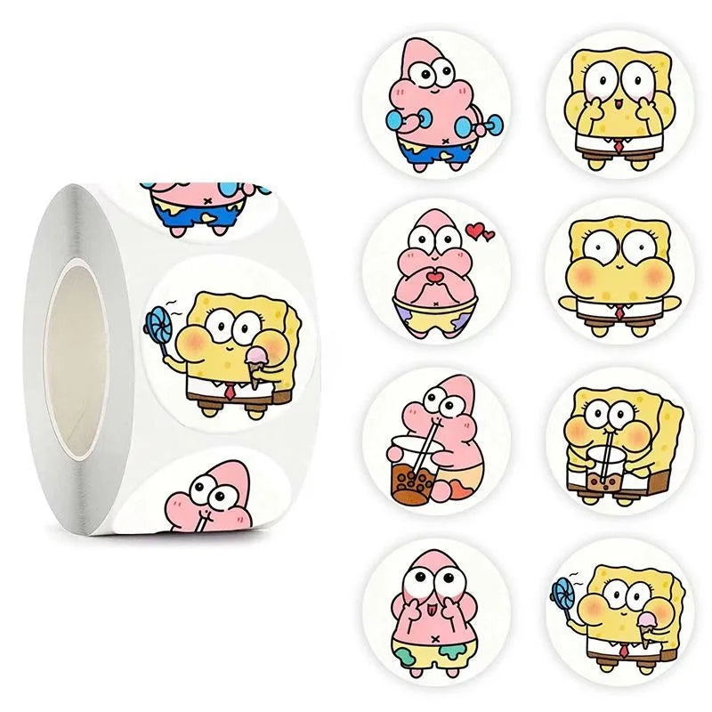 500PCS/Roll Kawaii SpongeBob Cartoon Anime Stickers - Image 2